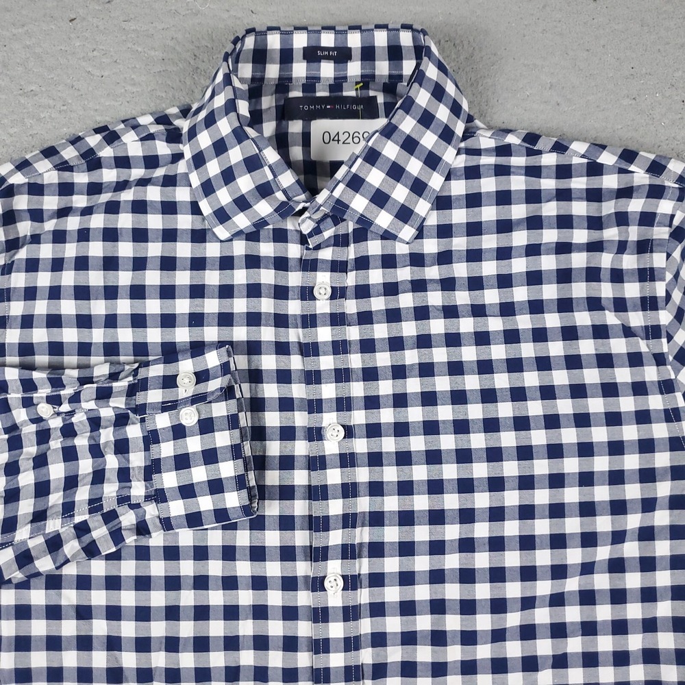 Tommy Hilfiger Mens Large Blue Check Casual Button Up Long Sleeve Slim Fit Shirt